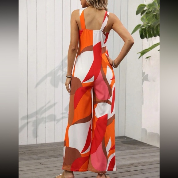 Boho Abstract Geo Print Pop Art Wide Leg Pants Jumpsuit - Picture 2 of 3